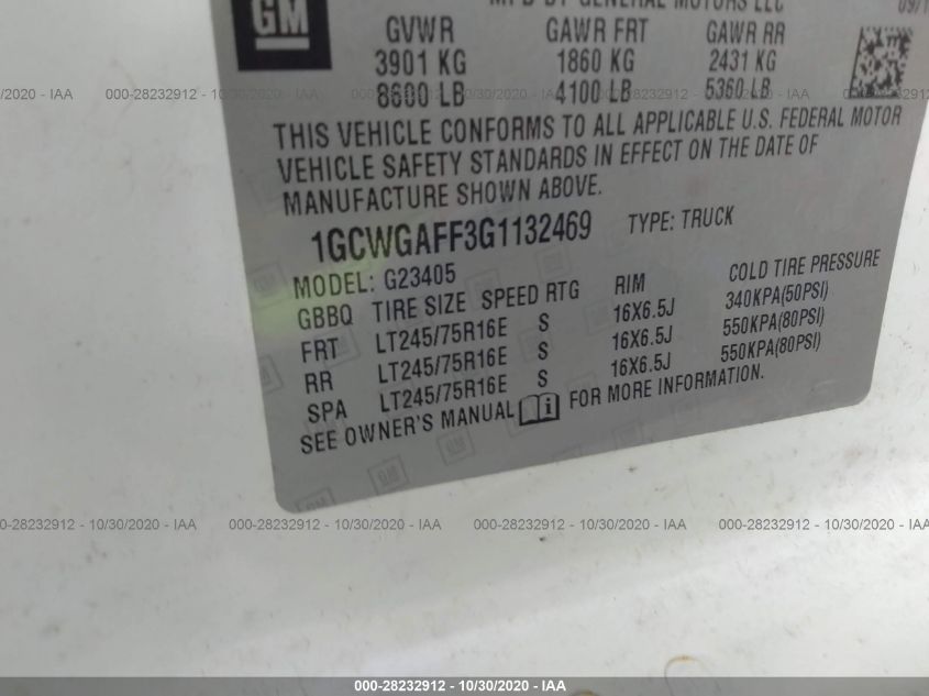 2016 Chevrolet Express Cargo Van VIN: 1GCWGAFF3G1132469 Lot: 28232912