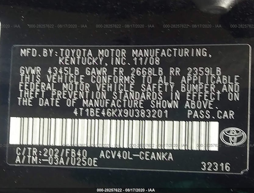 4T1BE46KX9U383201
