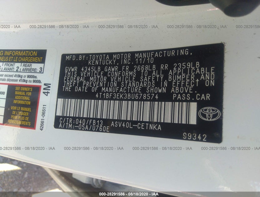 4T1BF3EK3BU678574