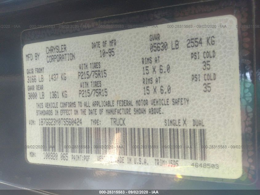 1996 Dodge Dakota VIN: 1B7GG23Y0TS560424 Lot: 28315583