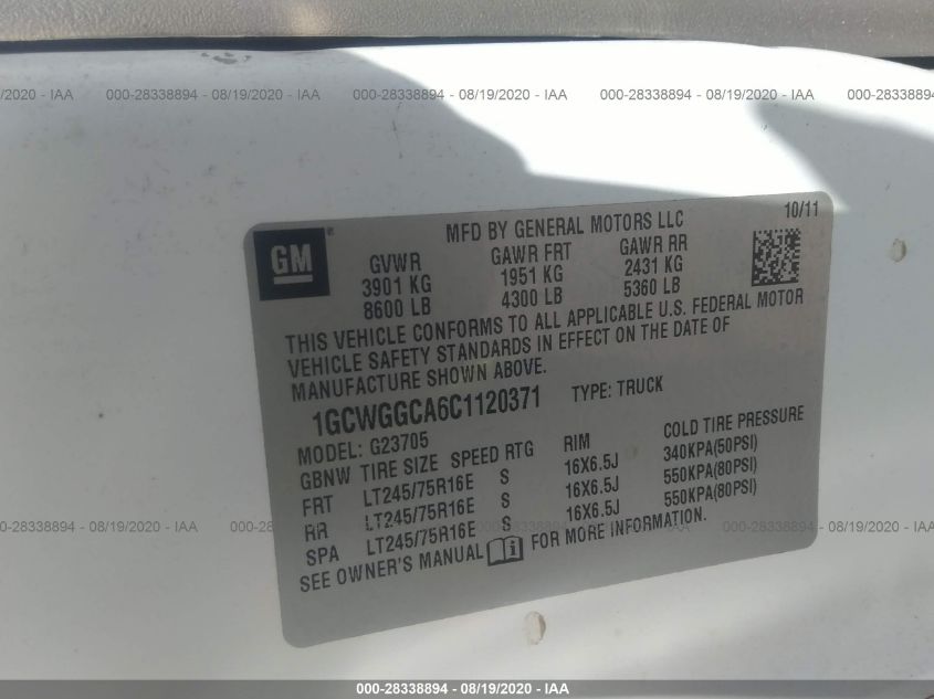 2012 Chevrolet Express Cargo Van VIN: 1GCWGGCA6C1120371 Lot: 28338894