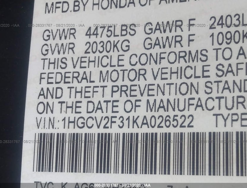 1HGCV2F31KA026522