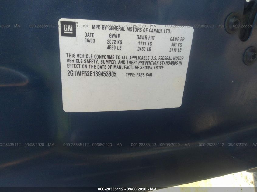 2003 Chevrolet Impala VIN: 2G1WF52E139453805 Lot: 28335112