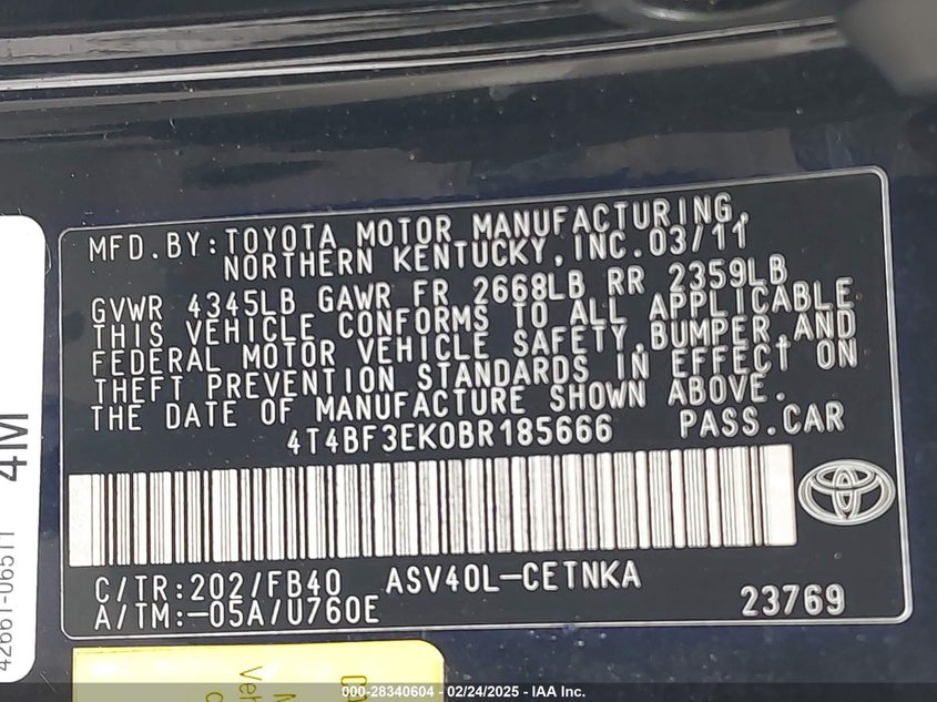 2011 TOYOTA CAMRY VIN: 4T4BF3EK0BR185666