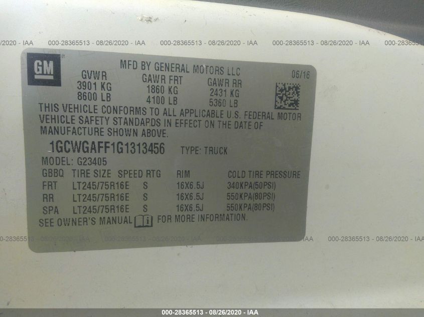 2016 Chevrolet Express 2500 Work Van VIN: 1GCWGAFF1G1313456 Lot: 28365513