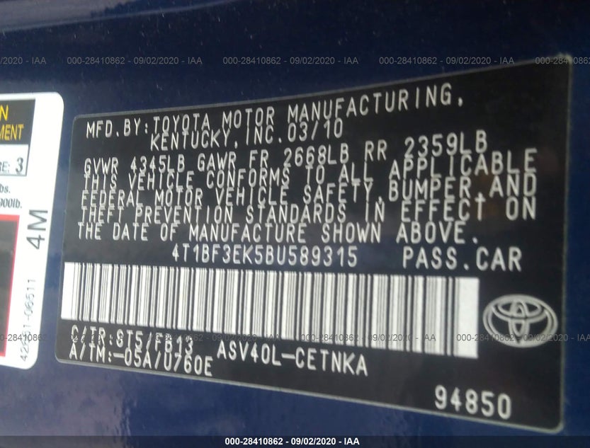 4T1BF3EK5BU589315