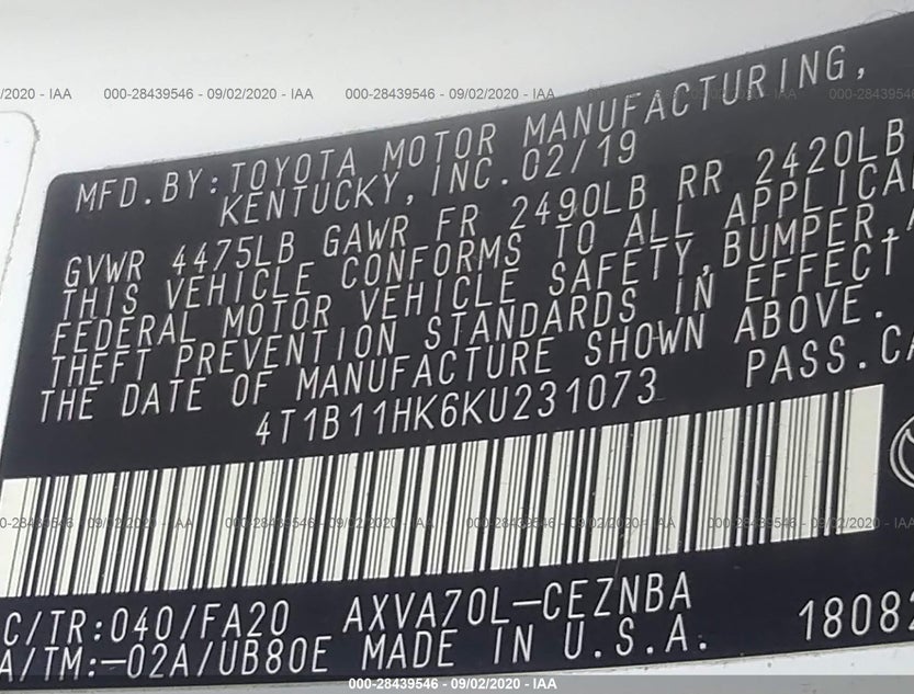 4T1B11HK6KU231073