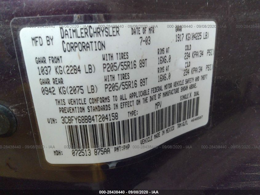 2004 Chrysler Pt Cruiser Limited VIN: 3C8FY68B84T204158 Lot: 28438440