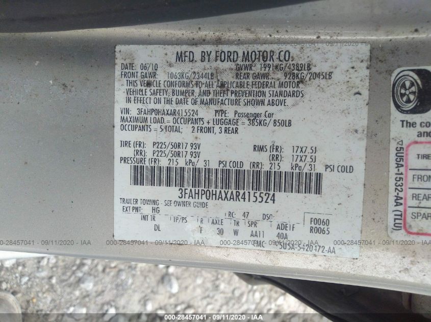 3FAHP0HAXAR415524 2010 Ford Fusion Se