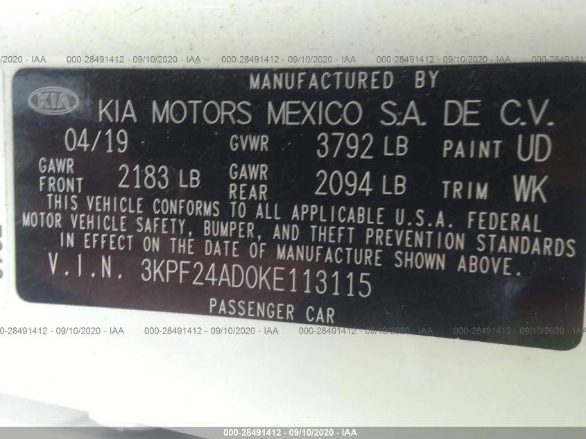 3KPF24AD0KE113115 2019 Kia Forte Lxs