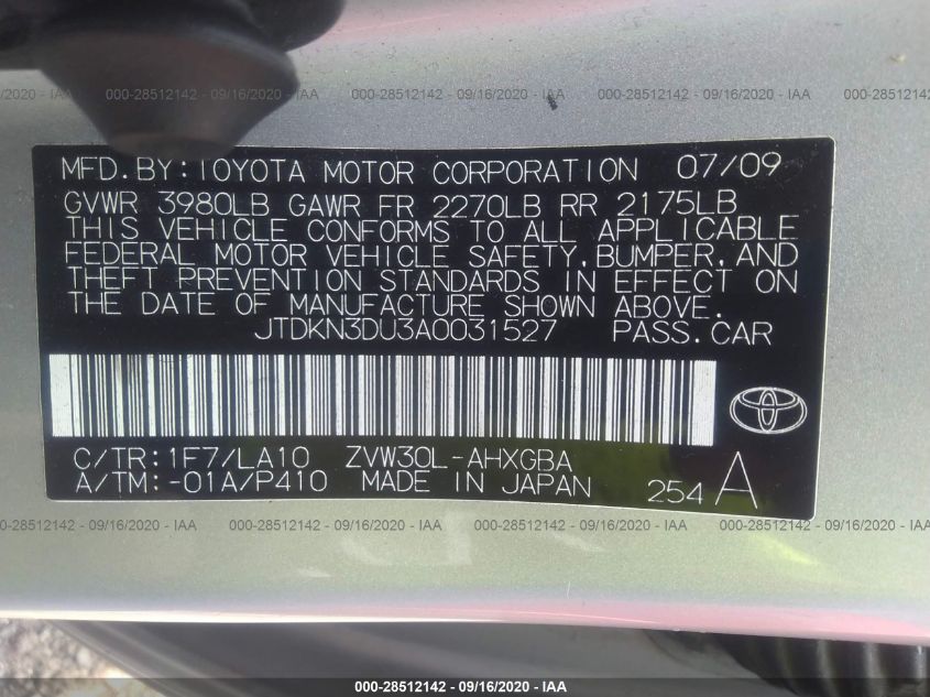 2010 Toyota Prius Iv VIN: JTDKN3DU3A0031527 Lot: 28512142