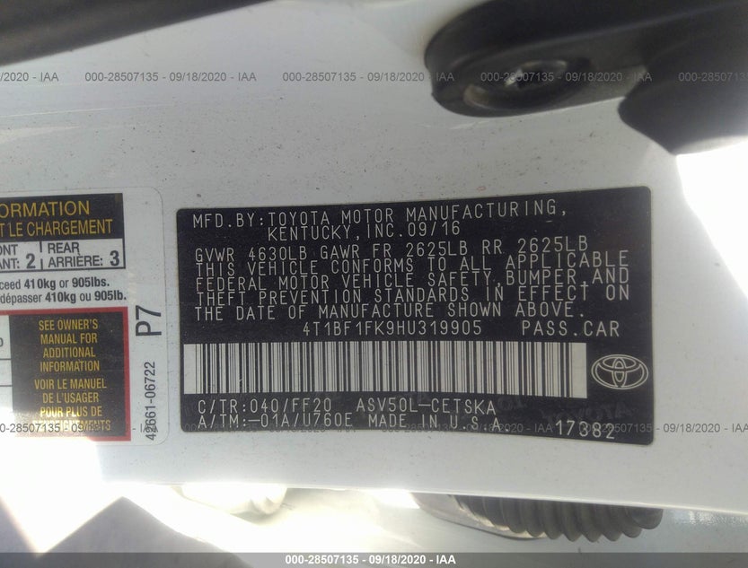 4T1BF1FK9HU319905