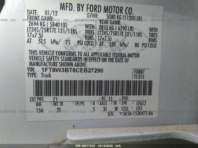 2012 Ford Super Duty F-350 Srw Xl/Xlt/Lariat/King Ranch VIN: 1FT8W3BT8CEB27290 Lot: 28517243