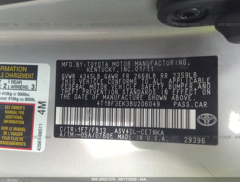 4T1BF3EK3BU206049