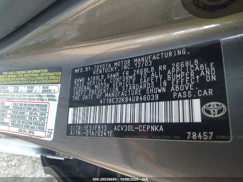 4T1BE32K84U846039 2004 Toyota Camry Le