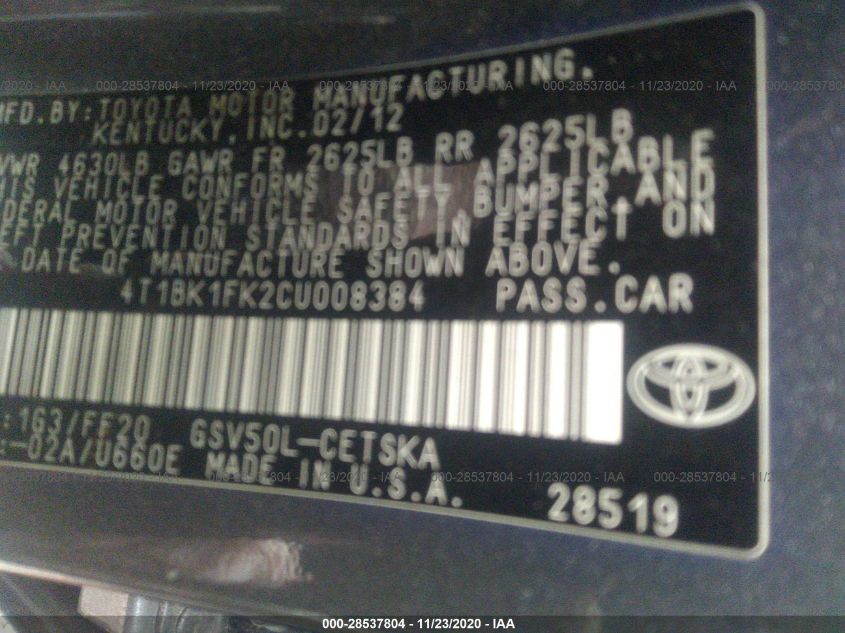 2012 Toyota Camry Se V6 VIN: 4T1BK1FK2CU008384 Lot: 28537804