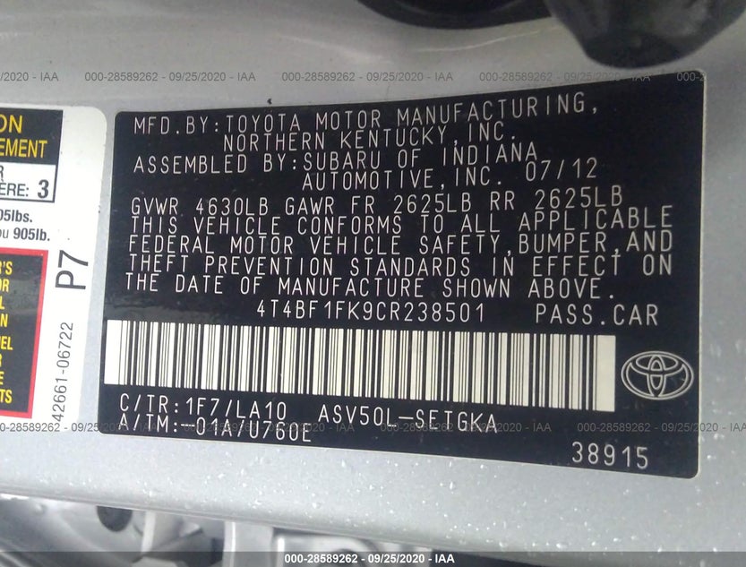 4T4BF1FK9CR238501