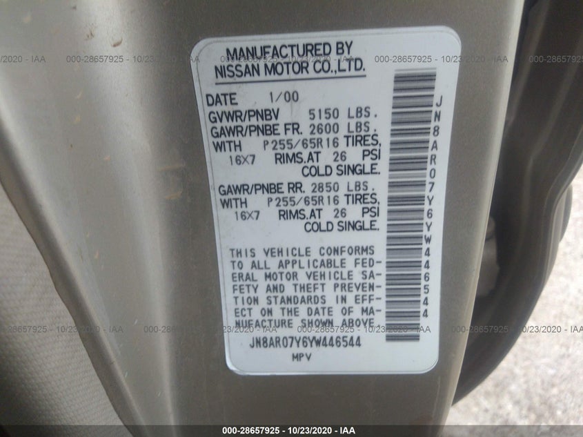 2000 Nissan Pathfinder Le/Xe/Se VIN: JN8AR07Y6YW446544 Lot: 28657925