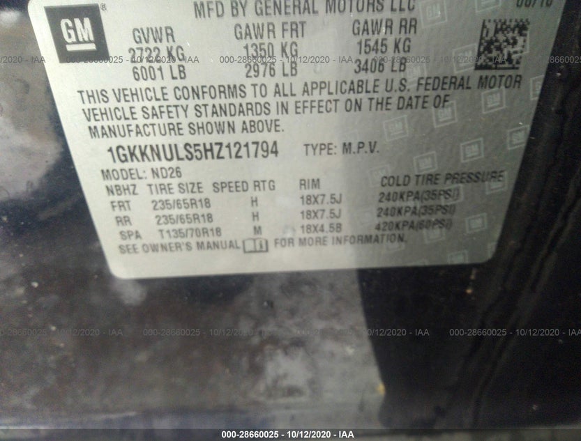 1GKKNULS5HZ121794