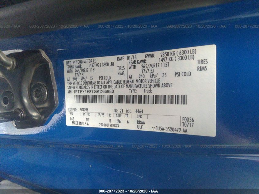 2016 Ford F-150 Xl VIN: 1FTEX1E87GKD66980 Lot: 28772823