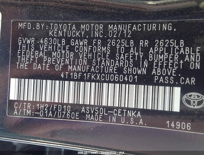 4T1BF1FKXCU060401