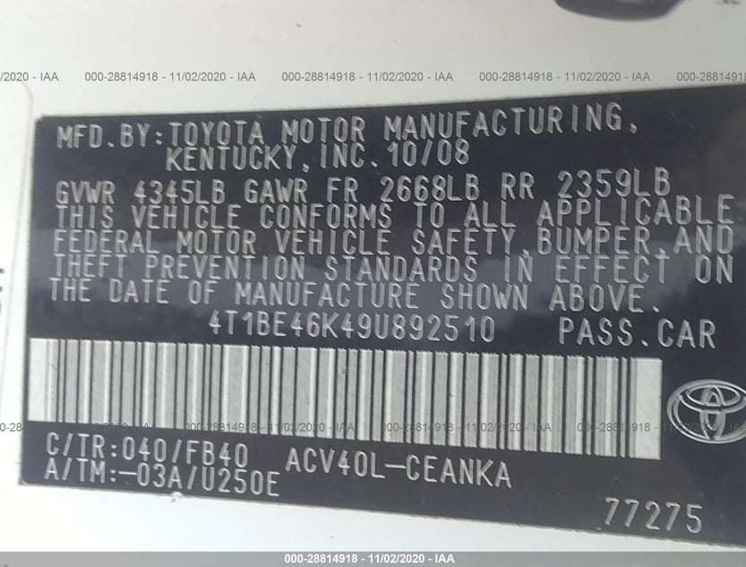 4T1BE46K49U892510