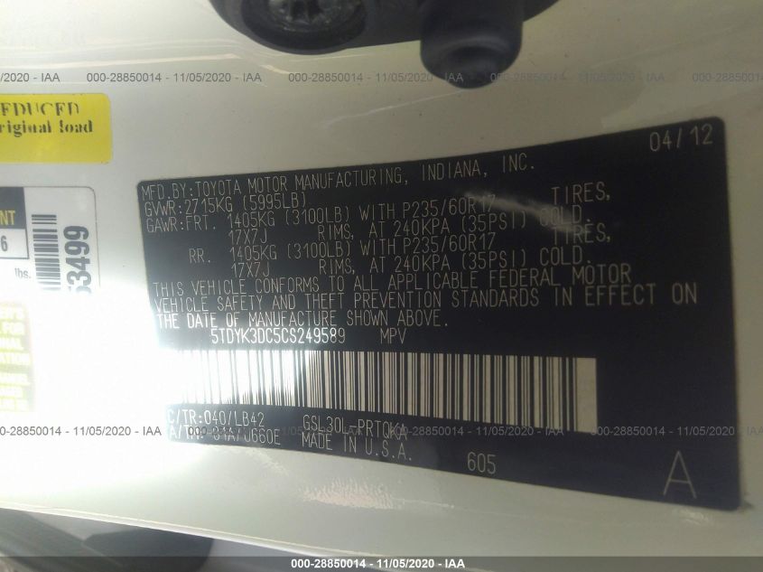 2012 Toyota Sienna Xle V6 8 Passenger VIN: 5TDYK3DC5CS249589 Lot: 28850014