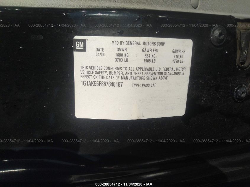 1G1AK55F867840187 2006 Chevrolet Cobalt Ls