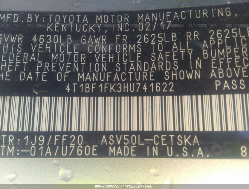 4T1BF1FK3HU741622