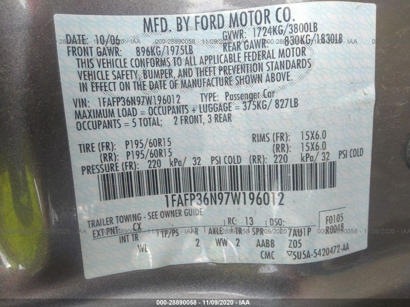 2007 Ford Focus Se/Ses VIN: 1FAFP36N97W196012 Lot: 40389782