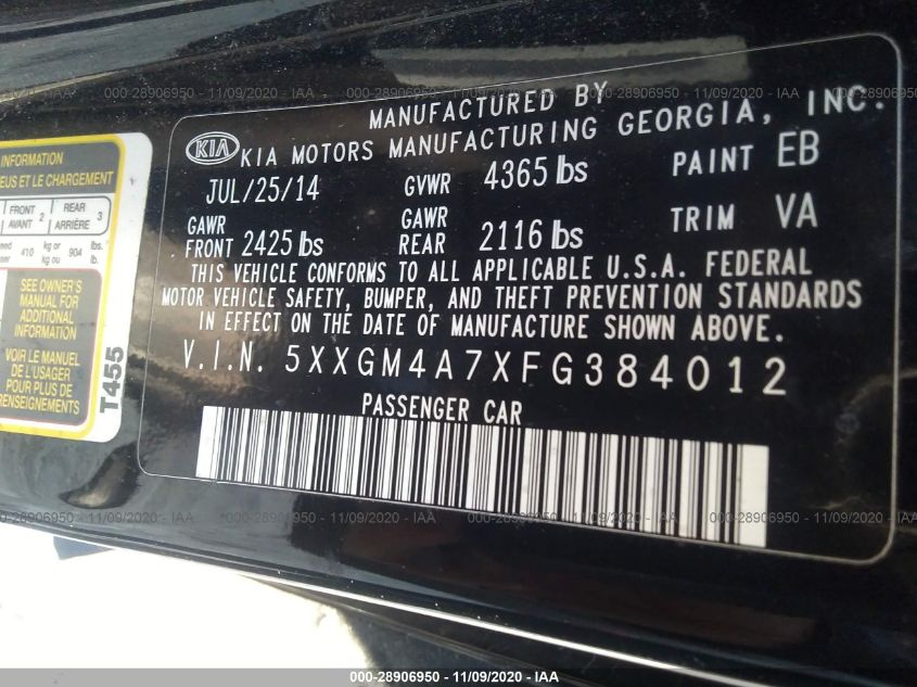 5XXGM4A7XFG384012 2015 Kia Optima Lx