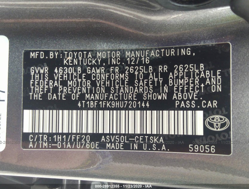 4T1BF1FK9HU720144