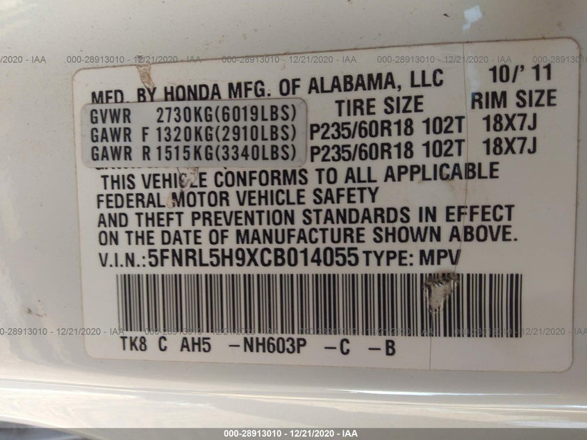 2012 Honda Odyssey Touring VIN: 5FNRL5H9XCB014055 Lot: 28913010