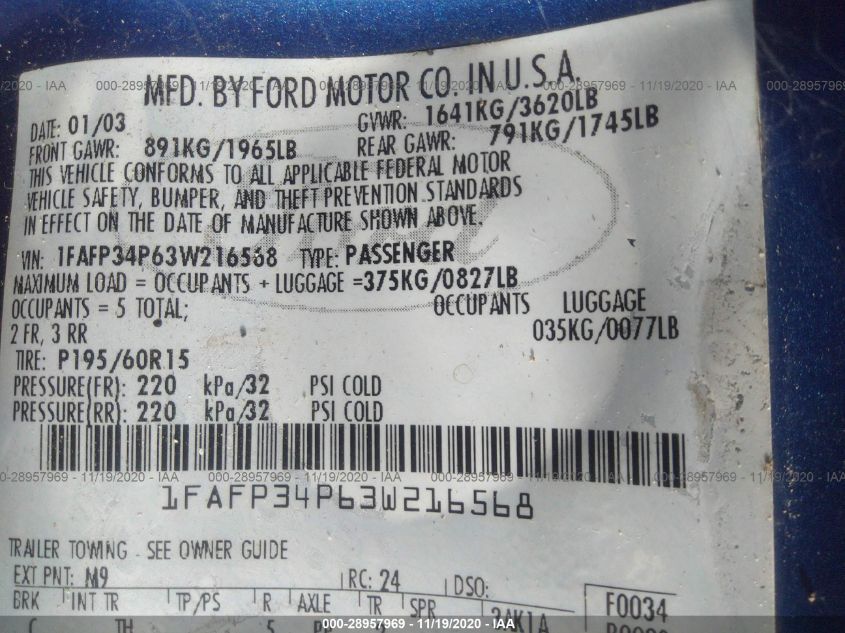 1FAFP34P63W216568 2003 Ford Focus Se