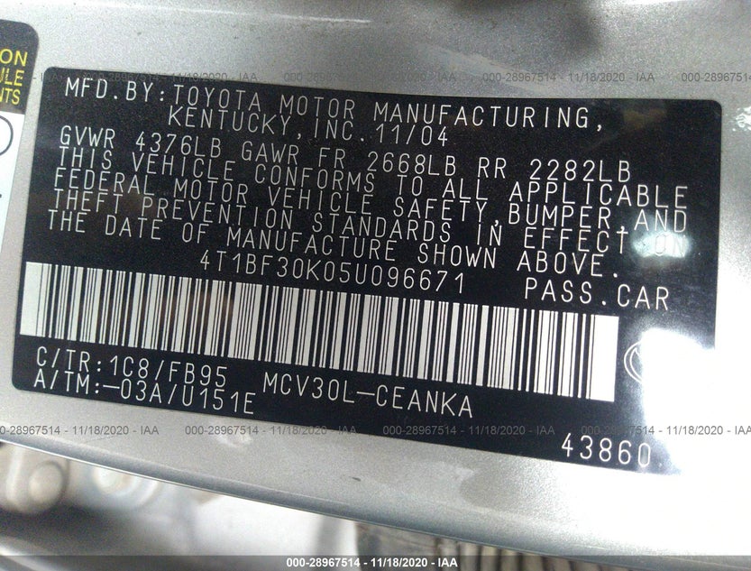 4T1BF30K05U096671