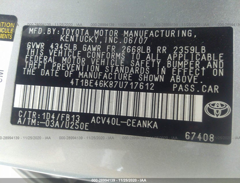 4T1BE46K87U717612