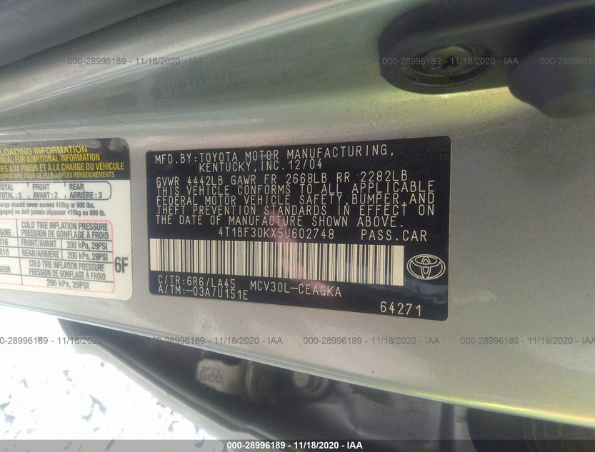 4T1BF30KX5U602748