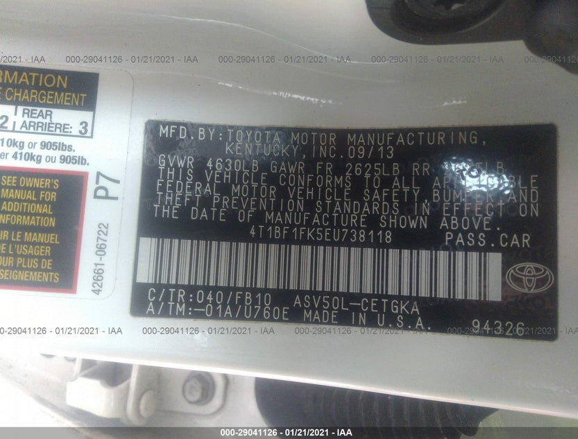 4T1BF1FK5EU738118