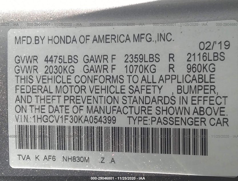 1HGCV1F30KA054399