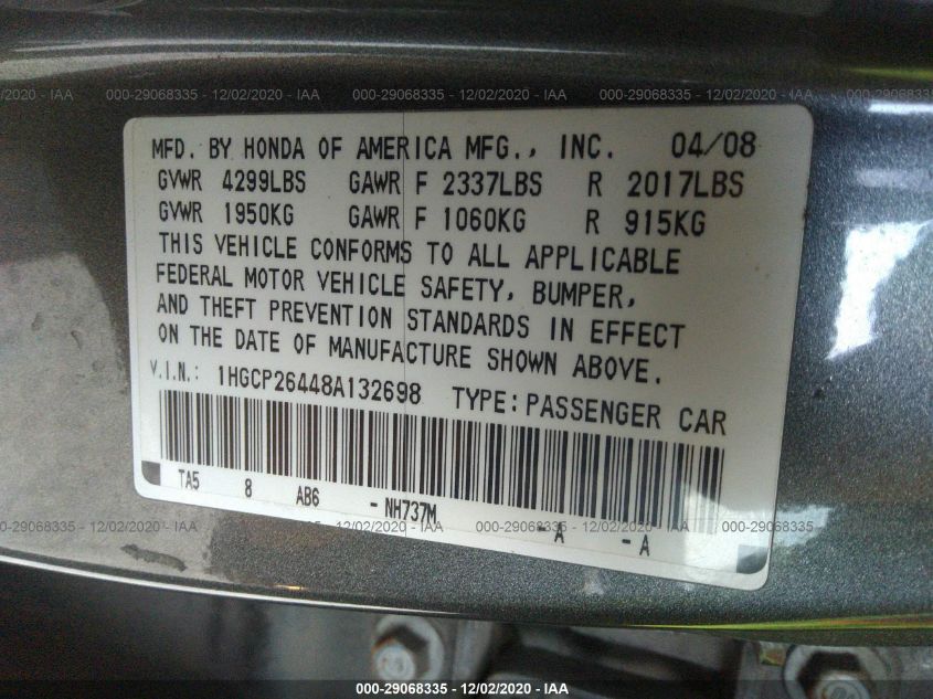 1HGCP26448A132698 2008 Honda Accord 2.4 Lx-P