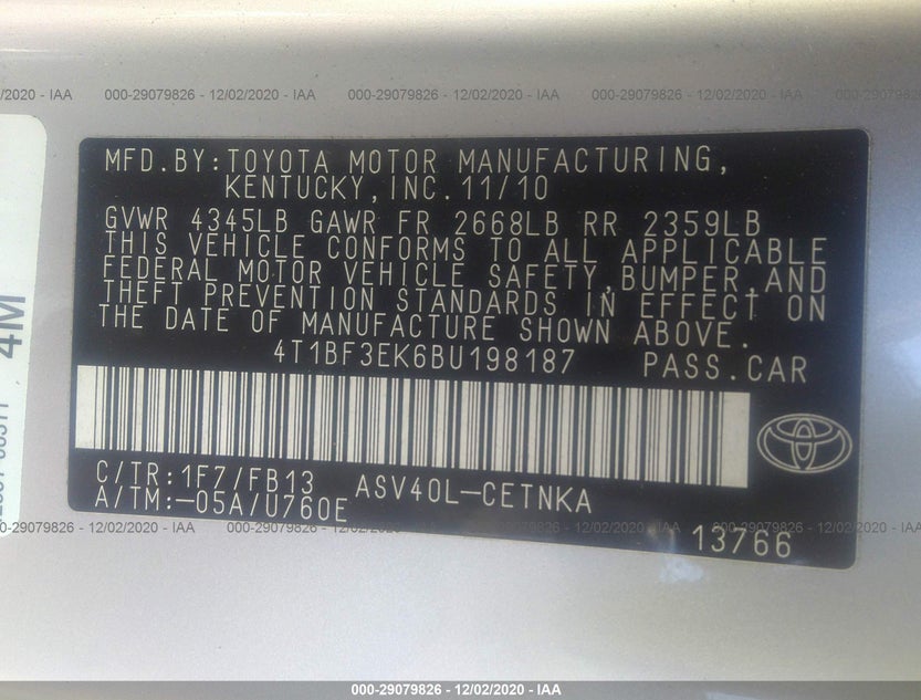 4T1BF3EK6BU198187