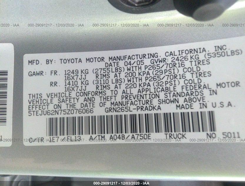 5TEJU62N75Z076066