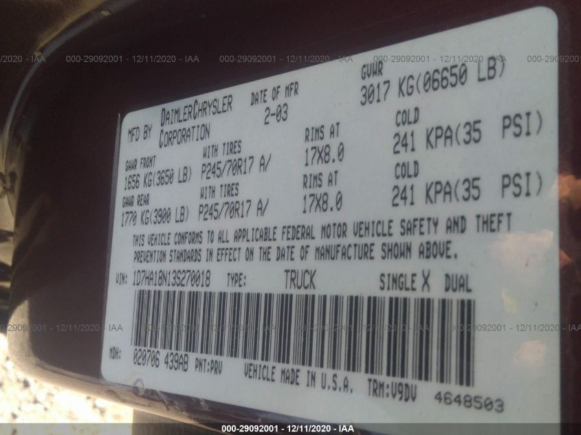 2003 Dodge Ram 1500 St/Slt/Laramie VIN: 1D7HA18N13S270018 Lot: 29092001