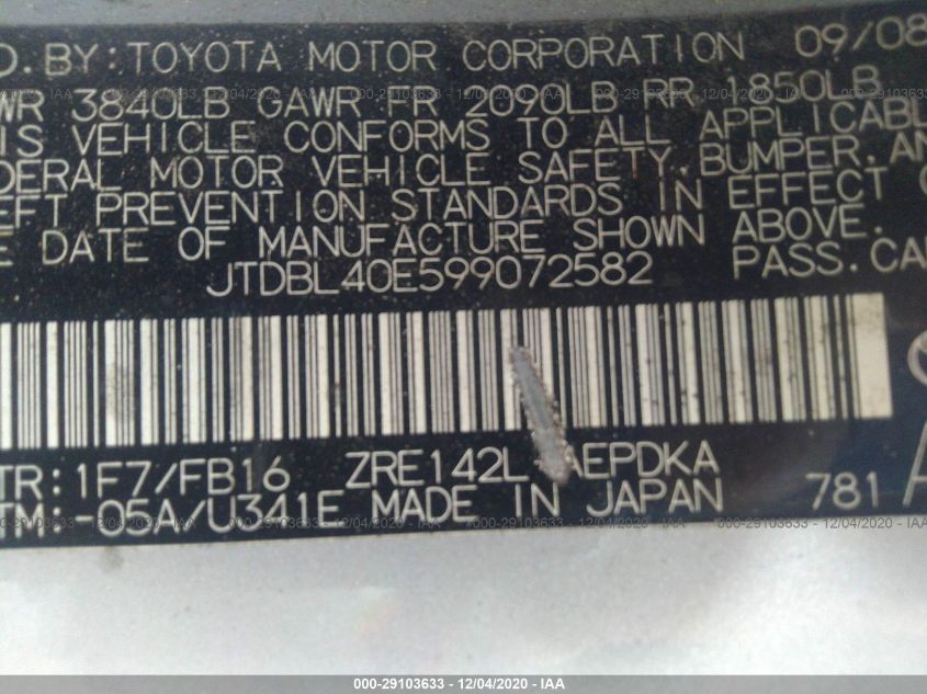 JTDBL40E599072582 2009 Toyota Corolla Le