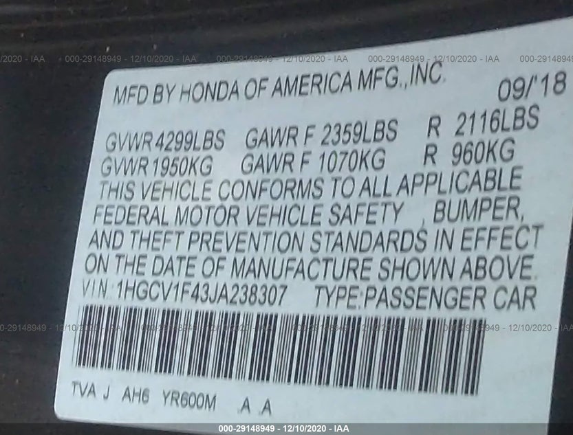1HGCV1F43JA238307