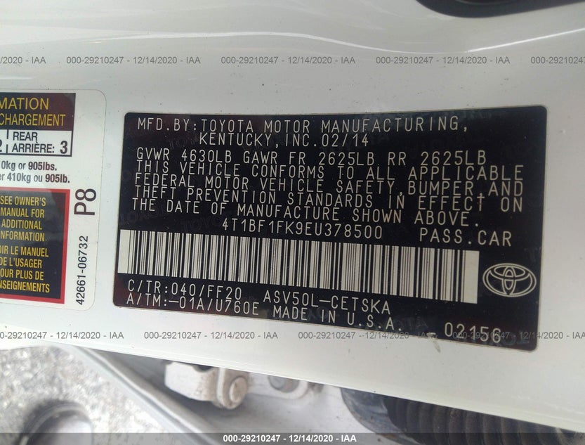 4T1BF1FK9EU378500