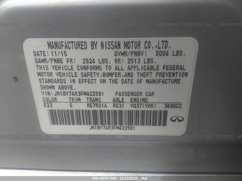 2015 INFINITI Q50 PREMIUM JN1BV7AR3FM422591