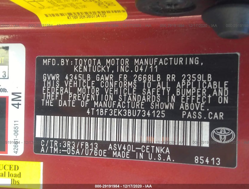 4T1BF3EK3BU734125