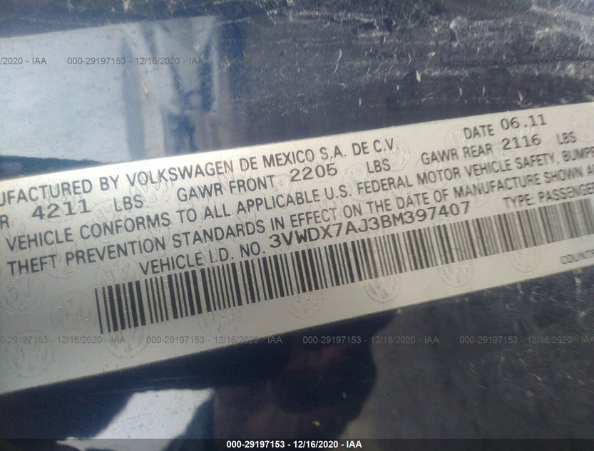 3VWDX7AJ3BM397407