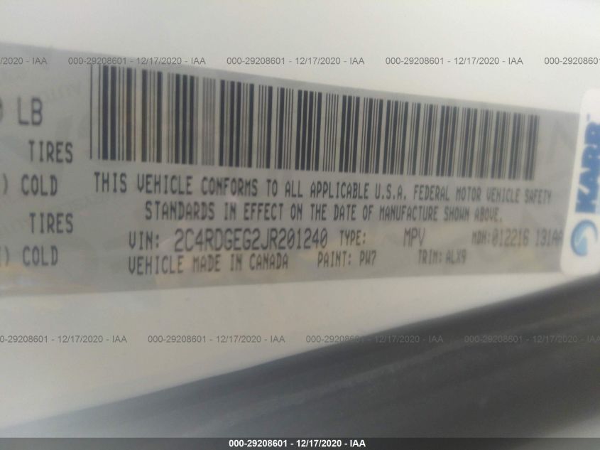 2018 Dodge Grand Caravan Gt VIN: 2C4RDGEG2JR201240 Lot: 29208601